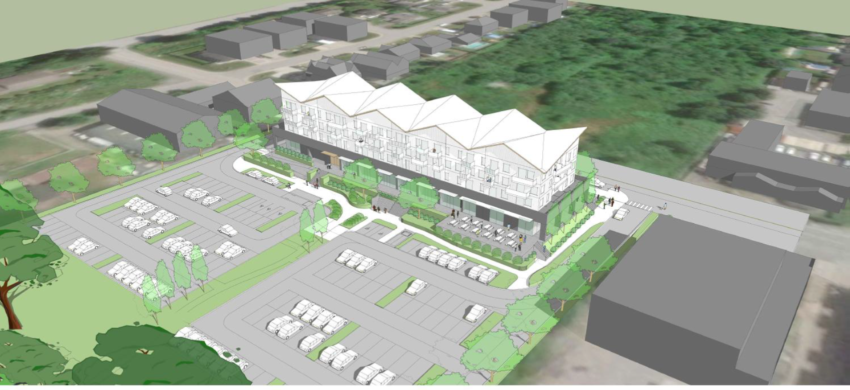 A 3D architectural rendering of a mixed-use development with residential units above commercial spaces, surrounded by parking lots, trees, and walkways.