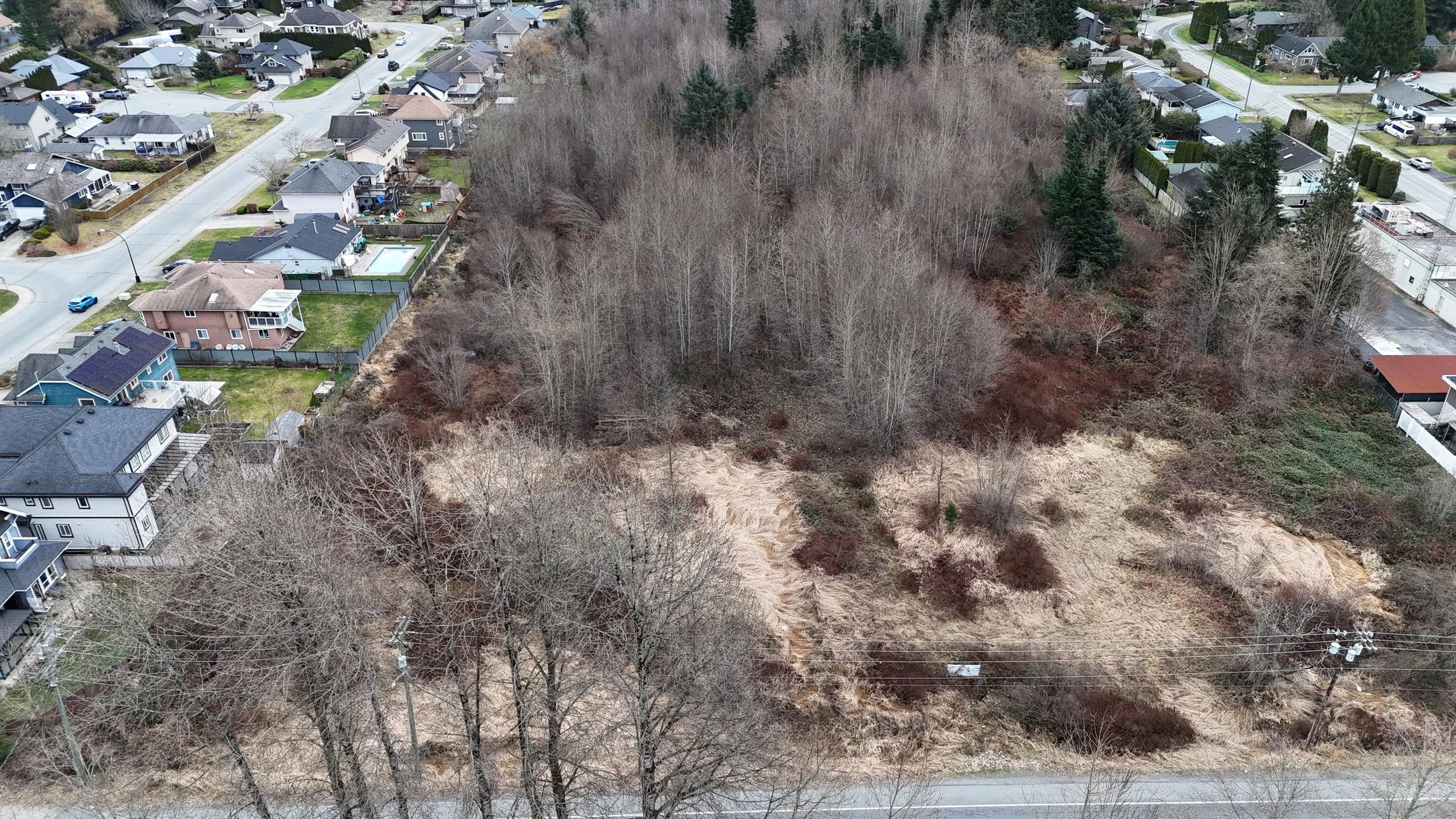  aerial view of a backyard neighborhood with houses and a wooded area in the middle