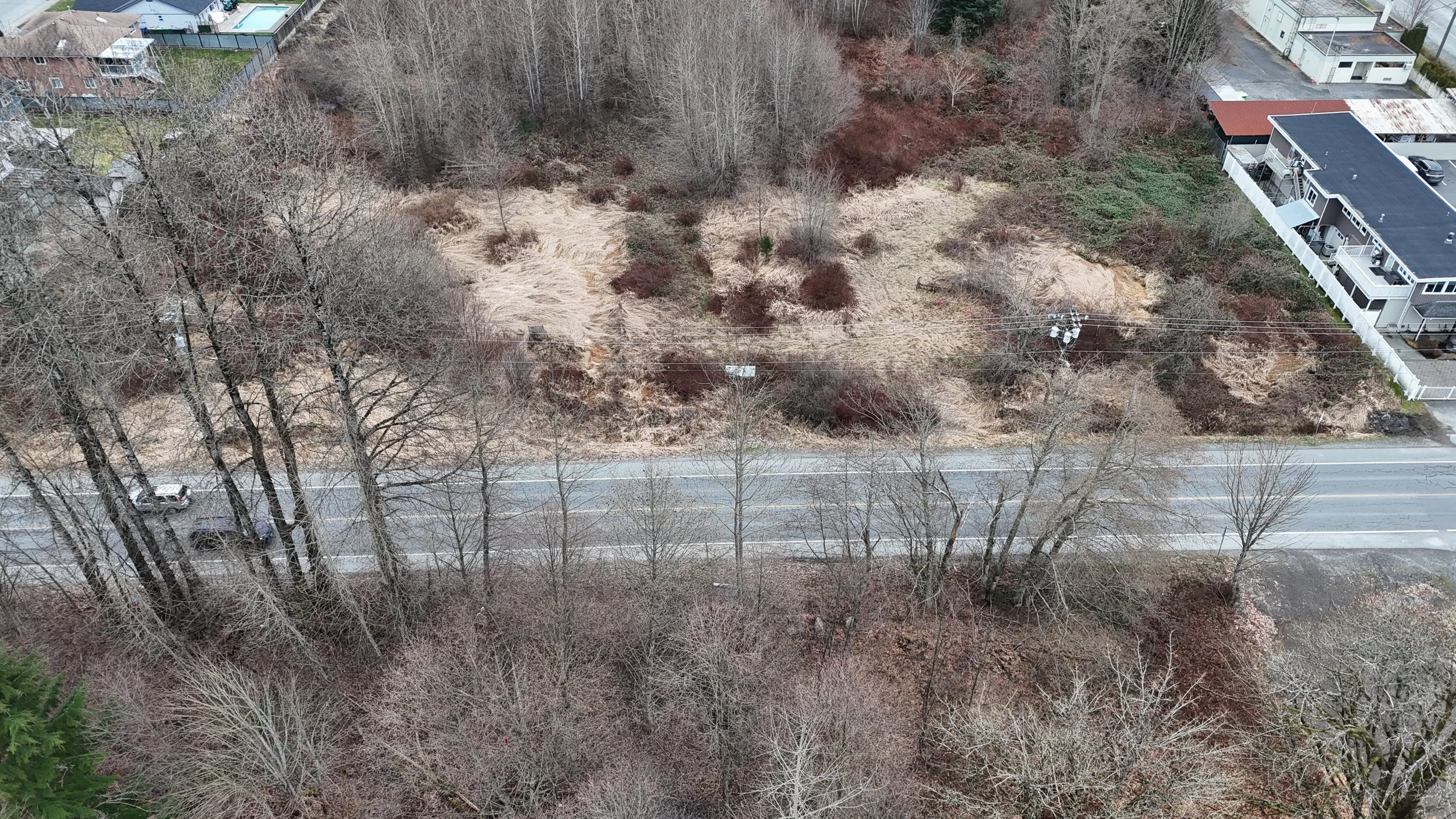 An aerial view of a small dirt area surrounded by leafless trees and residential houses, with a road running through the bottom of the image.