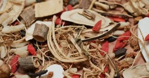 Close-up of dried herbs, leaves, and plant materials.