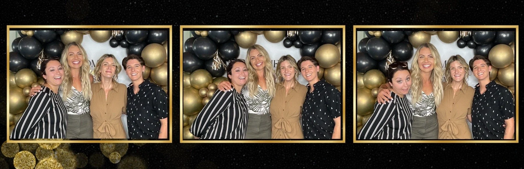 Four women smiling and posing together for a photo in front of a black and gold balloon backdrop, with three separate photos displayed side by side.
