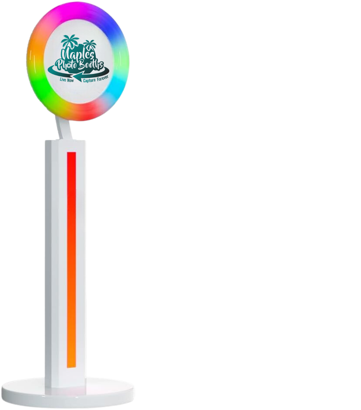Colorful LED photo booth with a circular sign displaying the Naples Photo Booths logo and slogan.