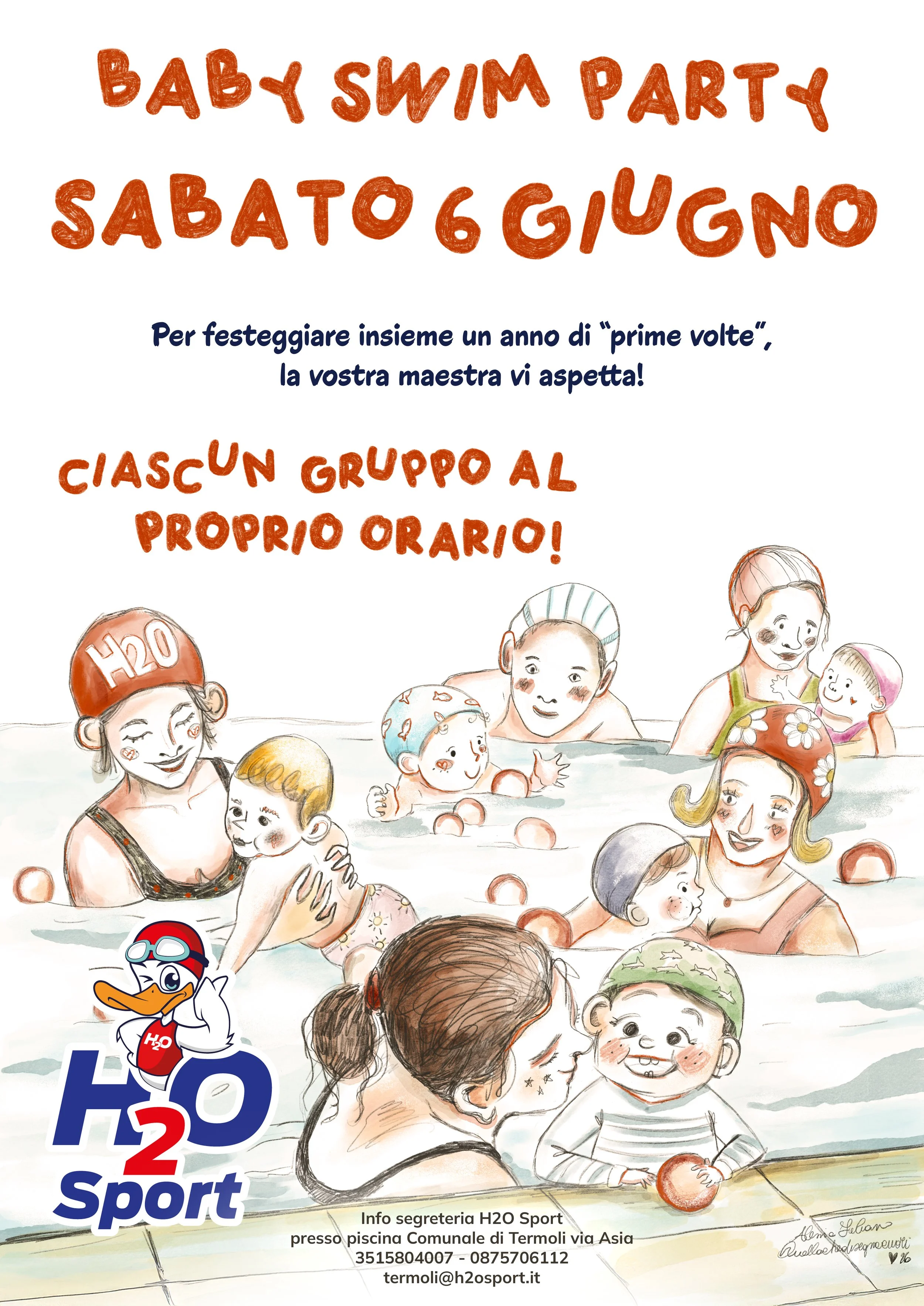 Commissione per H2O Sport, illustrazione per adv festa di fine anno, corso di nuoto baby.