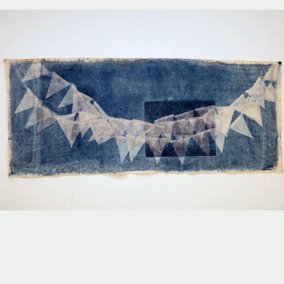 You Are Here
Cyanotype and graphite on canvas
66x38&rdquo;
Welcome! Here you are. All of your past moments have layered and led to you being here, and for that we should celebrate. Joy is fleeting, and cyanotypes take note of time on earth&ndash; thi