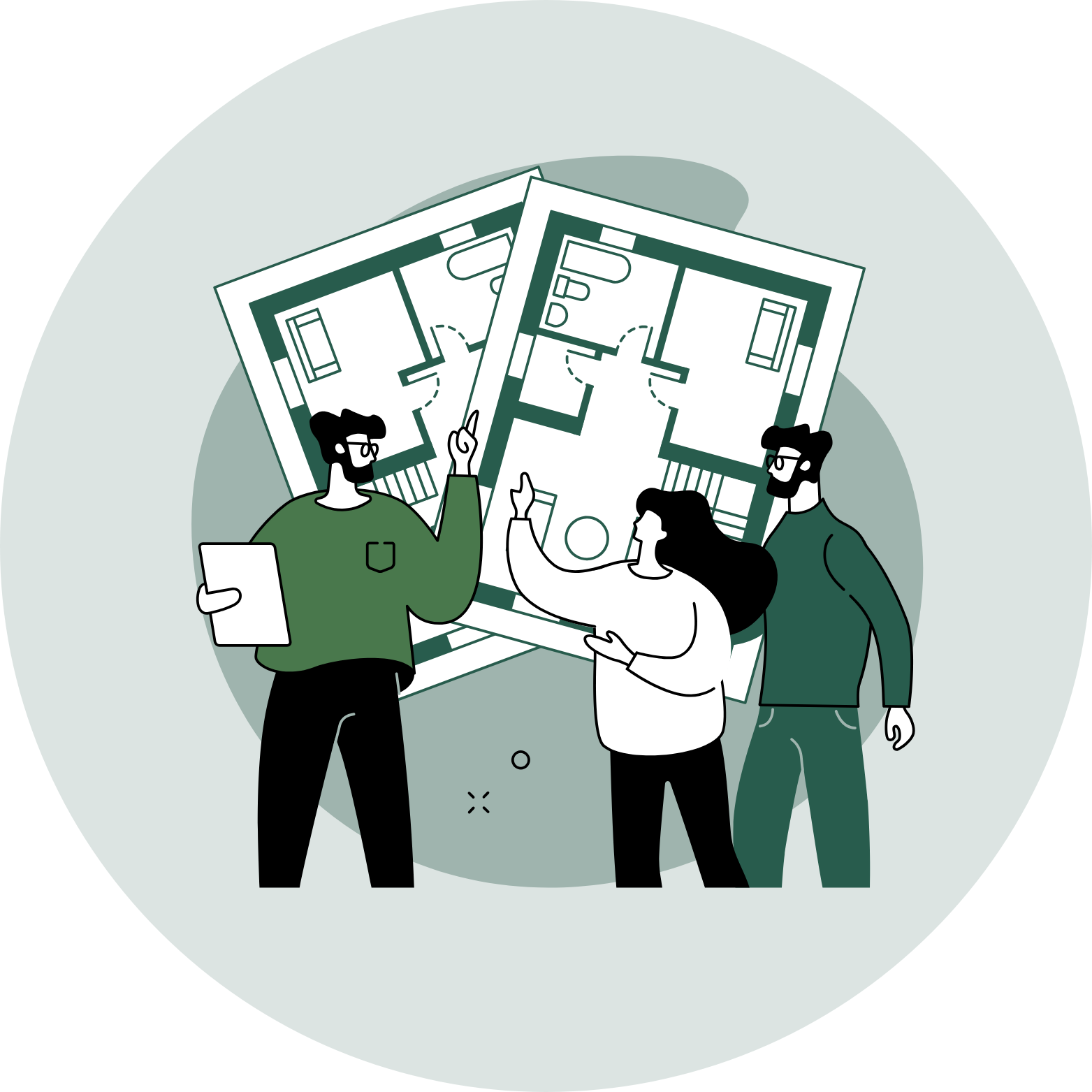 Three people discussing house plans with floor layouts and blueprints.