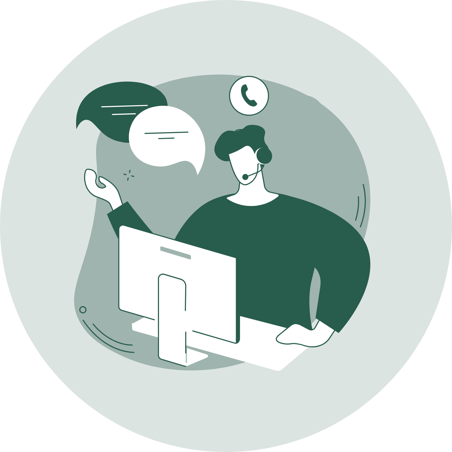 Illustration of a customer service representative with a headset, sitting at a desk with a computer, speaking into a microphone, with speech bubbles and a phone icon nearby.