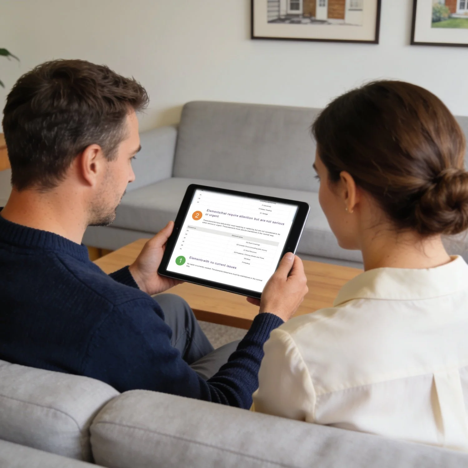 A man and woman sitting on a sofa in a living room, looking at a tablet displaying a document with checkboxes and text.