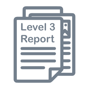 Icon of a clipboard with a report titled 'Level 3 Report' and pages behind it.