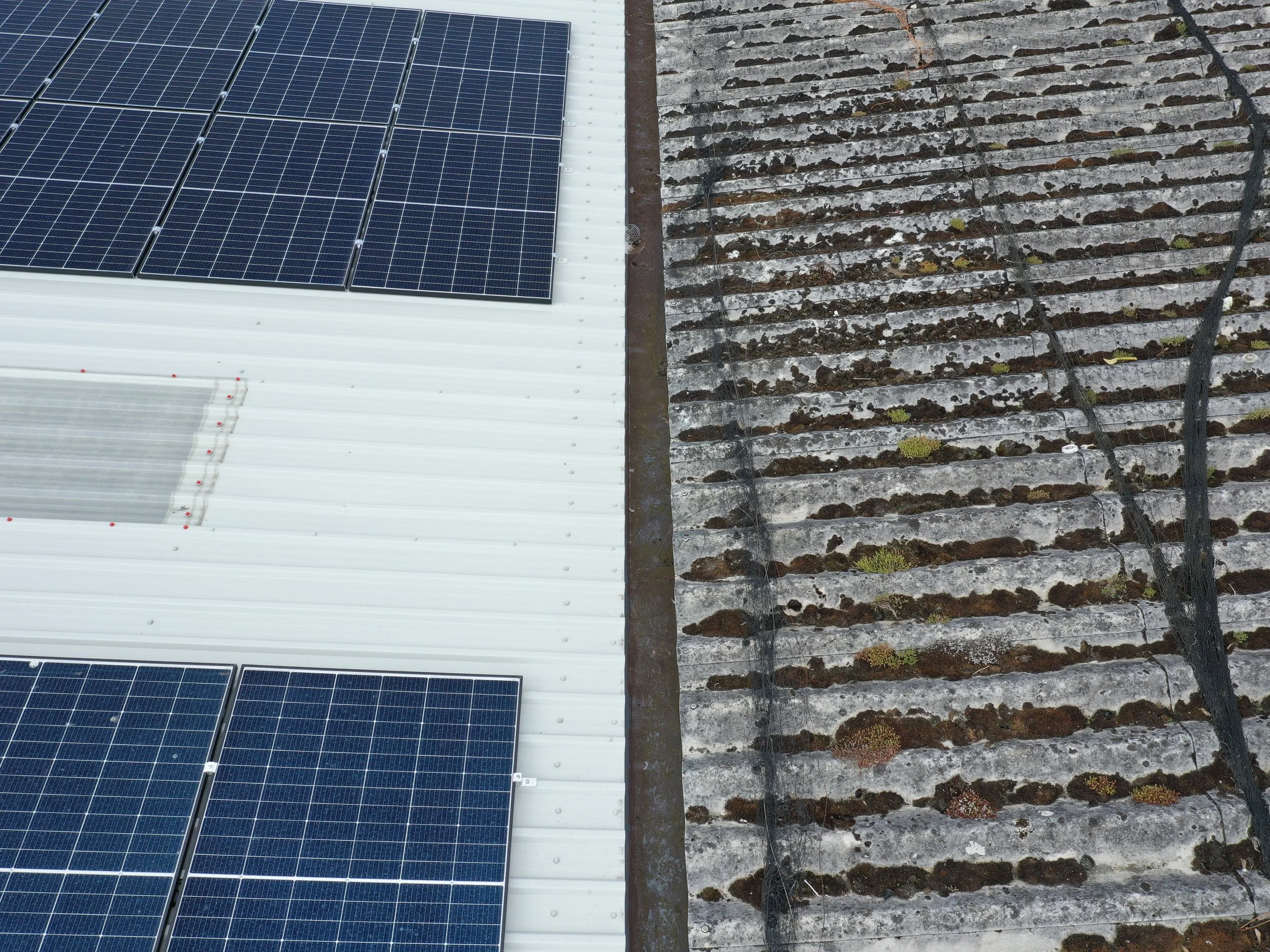 Solar panels installed on a fragile white metal roof next to a corrugated cement roof.