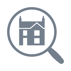 An icon of a house inside a magnifying glass, representing inspection