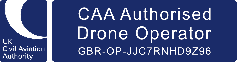 Certificate badge indicating CAA Authorized Drone Operator in the UK, with a registration number GBP-OP-JJC7RNHD9Z96.