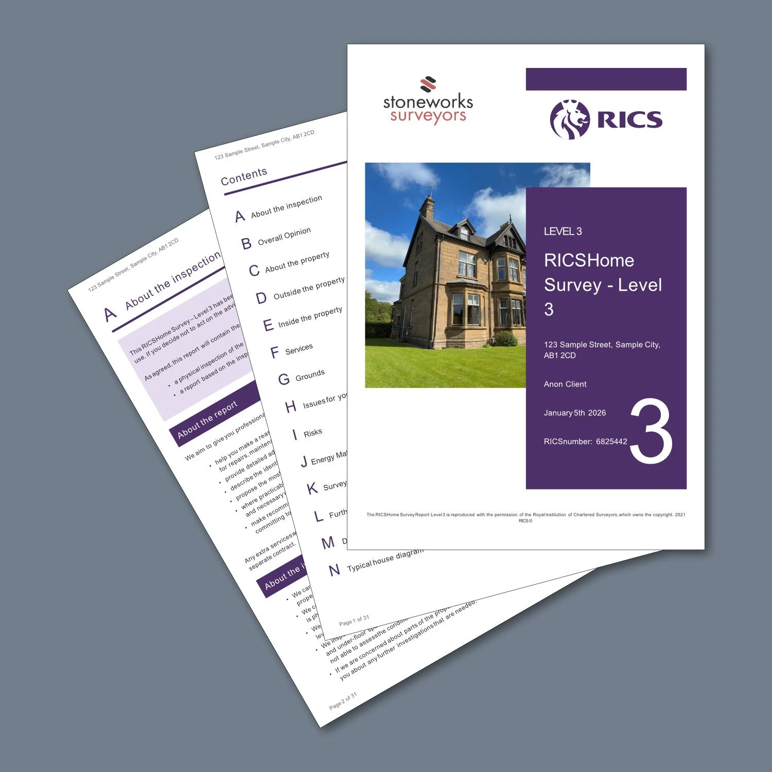 Cover page and interior pages of a RICS Level 3 RICSHome Property Survey report, featuring a photo of a house and a table of contents.