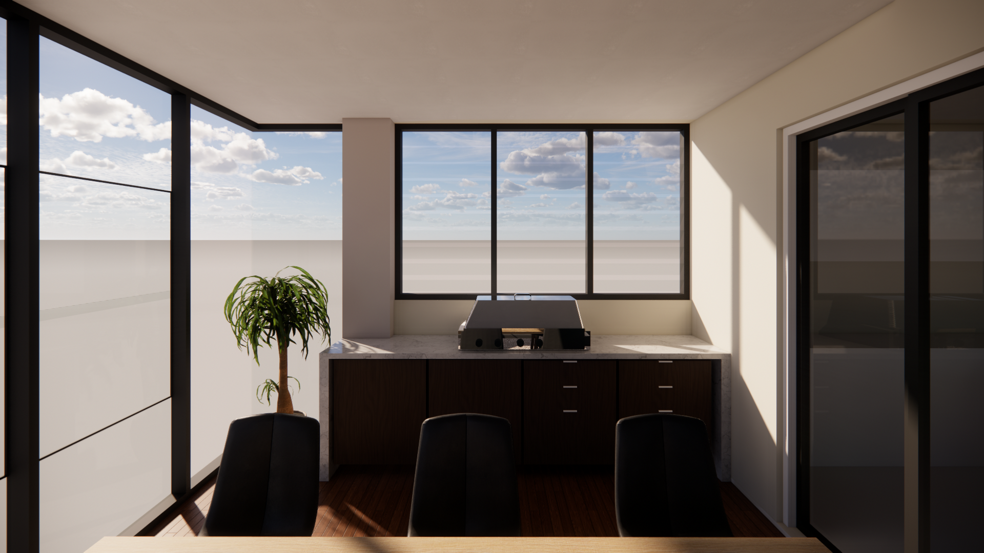 Preservation of the view is a priority, with design solutions implemented to maximize sightlines and connection to the surroundings.