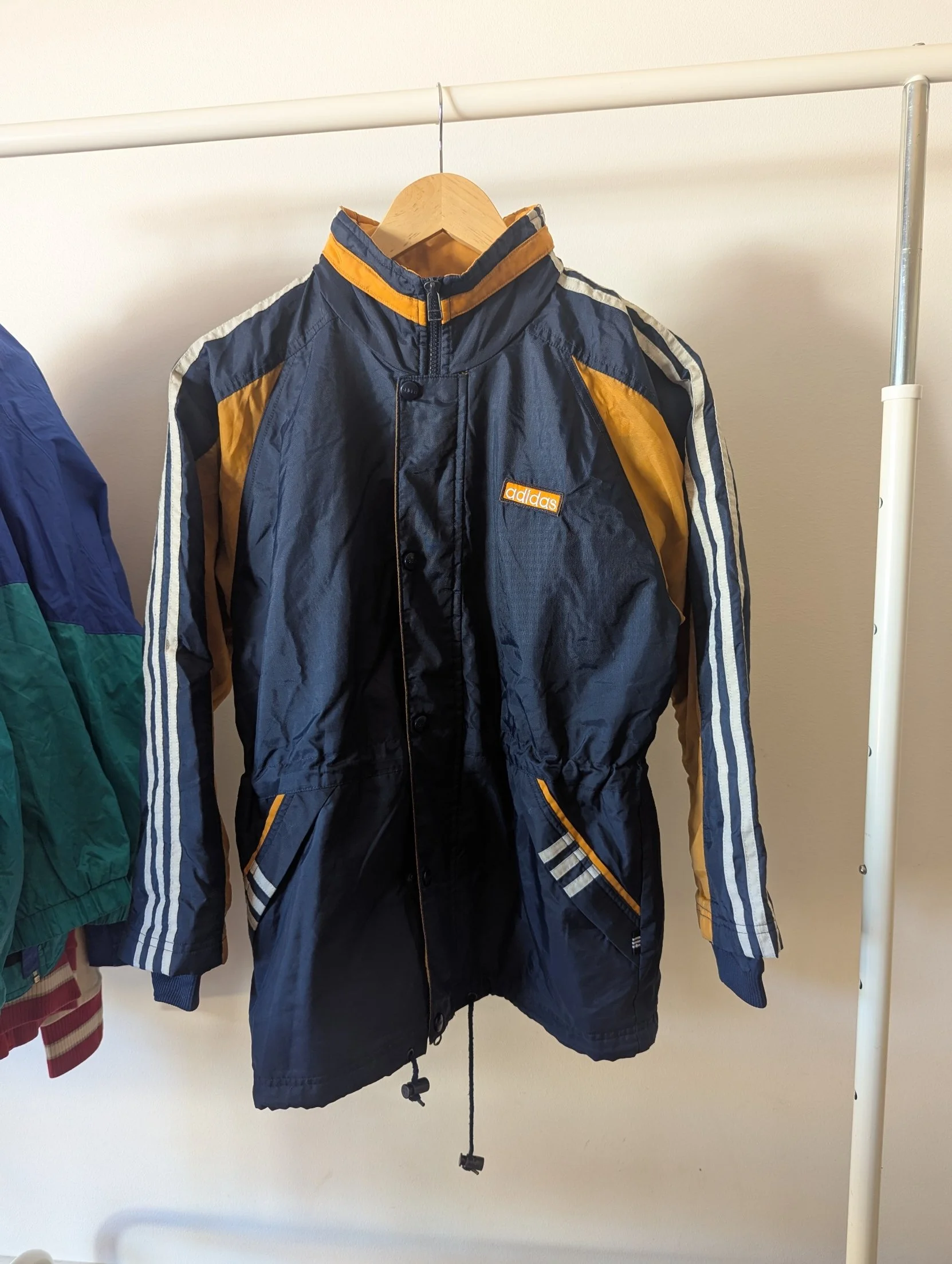 Vintage Adidas navy blue and Orange parka jacket with white stripes
