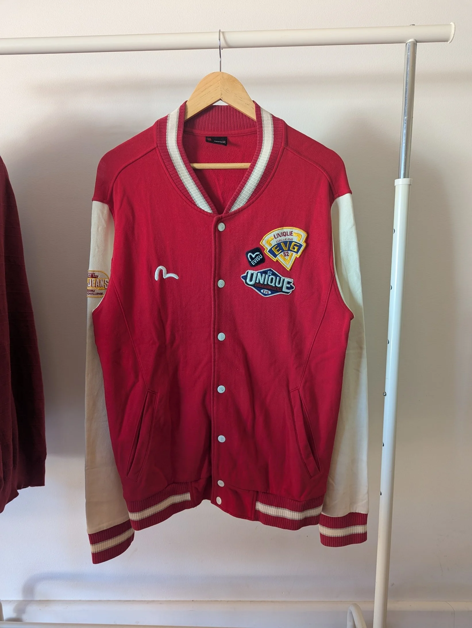 Evisu red and white varsity jacket