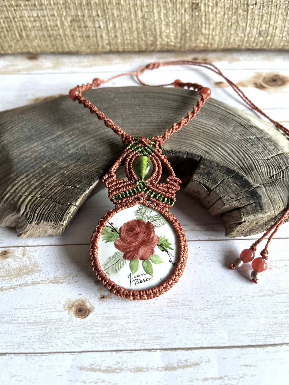 Brick Orange Macrame Necklace with Hand-Painted Porcelain  display picture 2