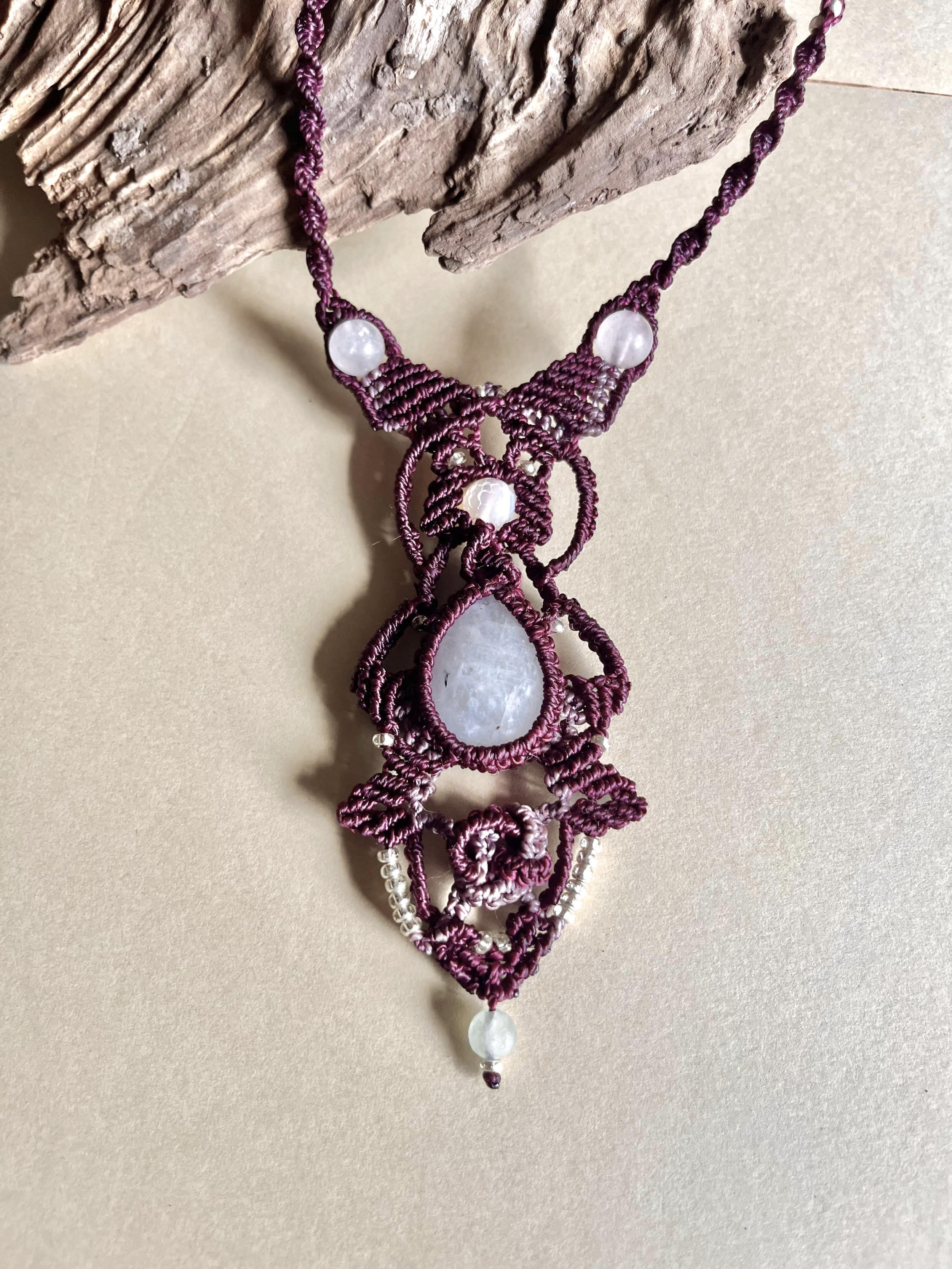 Burgundy Macrame Necklace with Moonstone