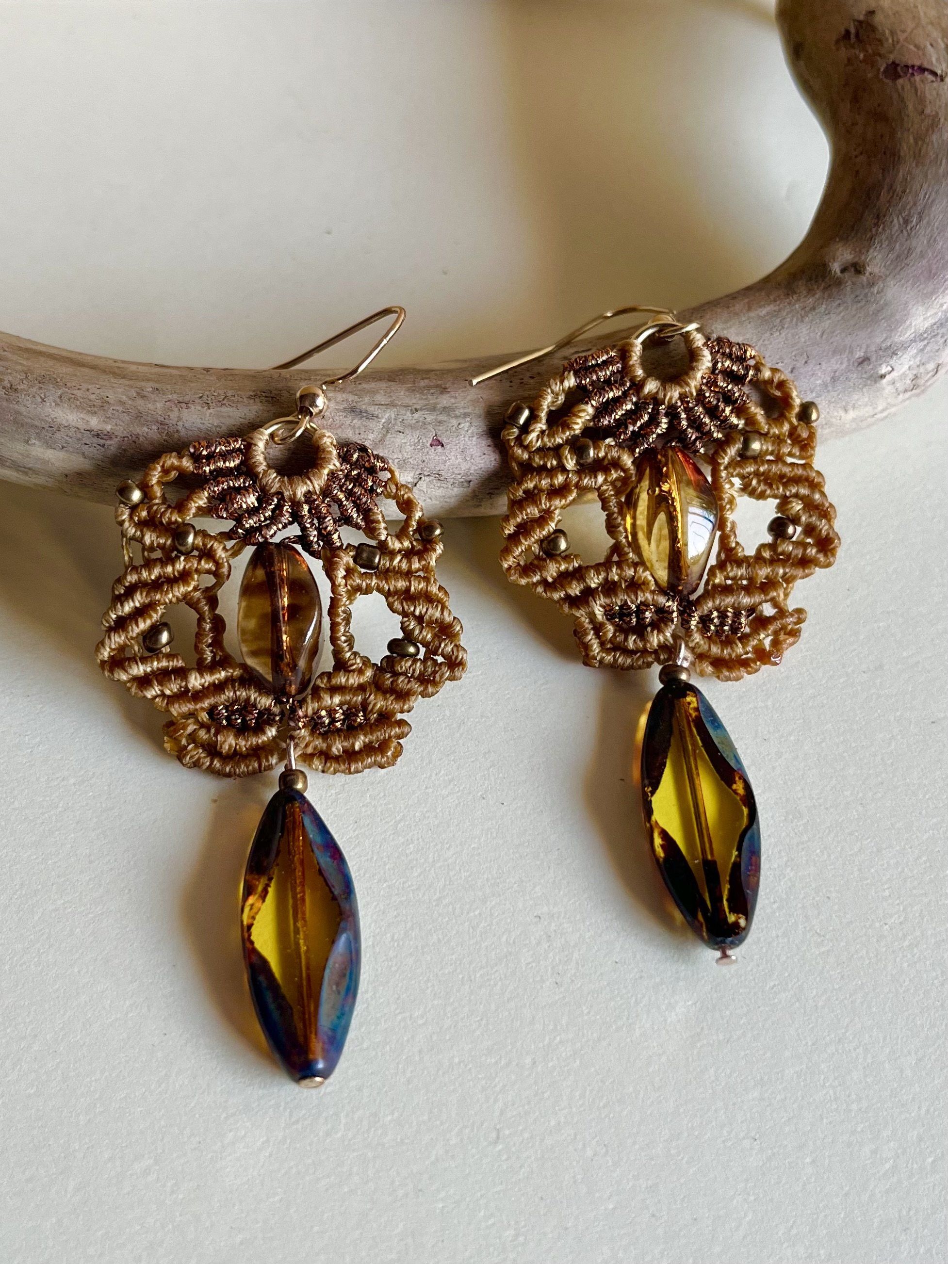 Beige Macrame Earrings with Glass Beads