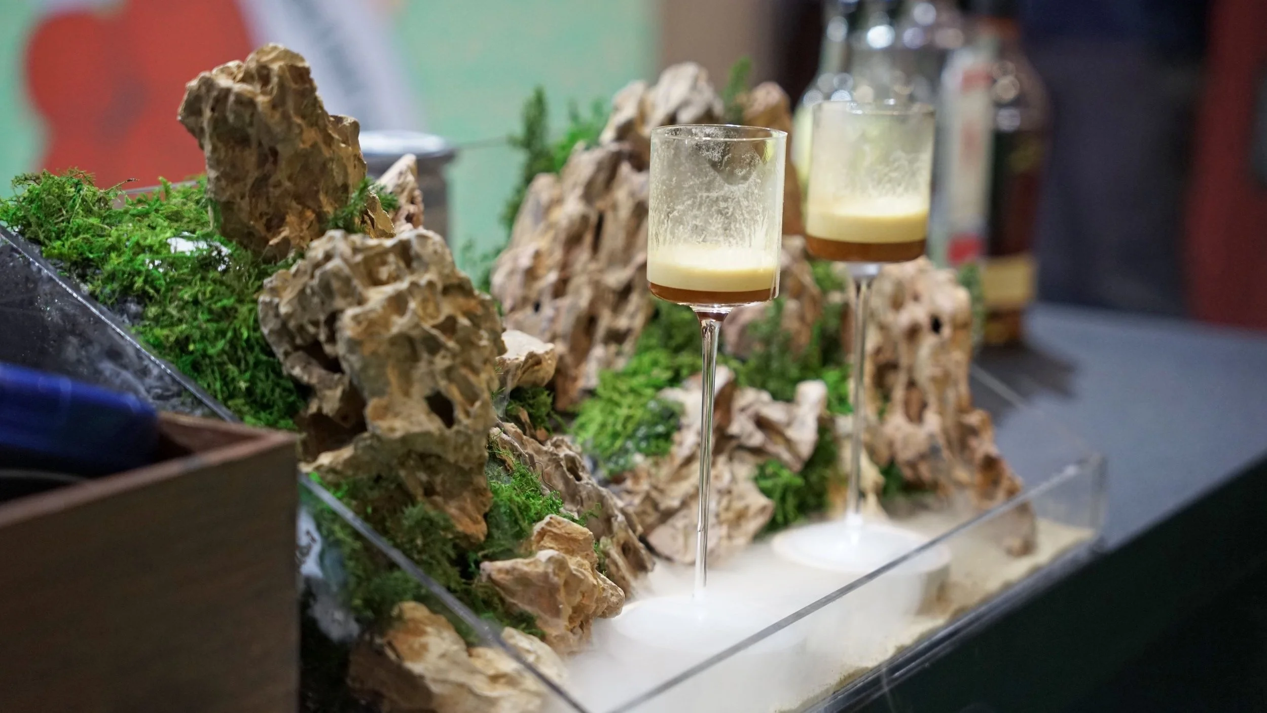 Two glasses of a layered cocktail with foam on top, set against decorative rocks and greenery.
