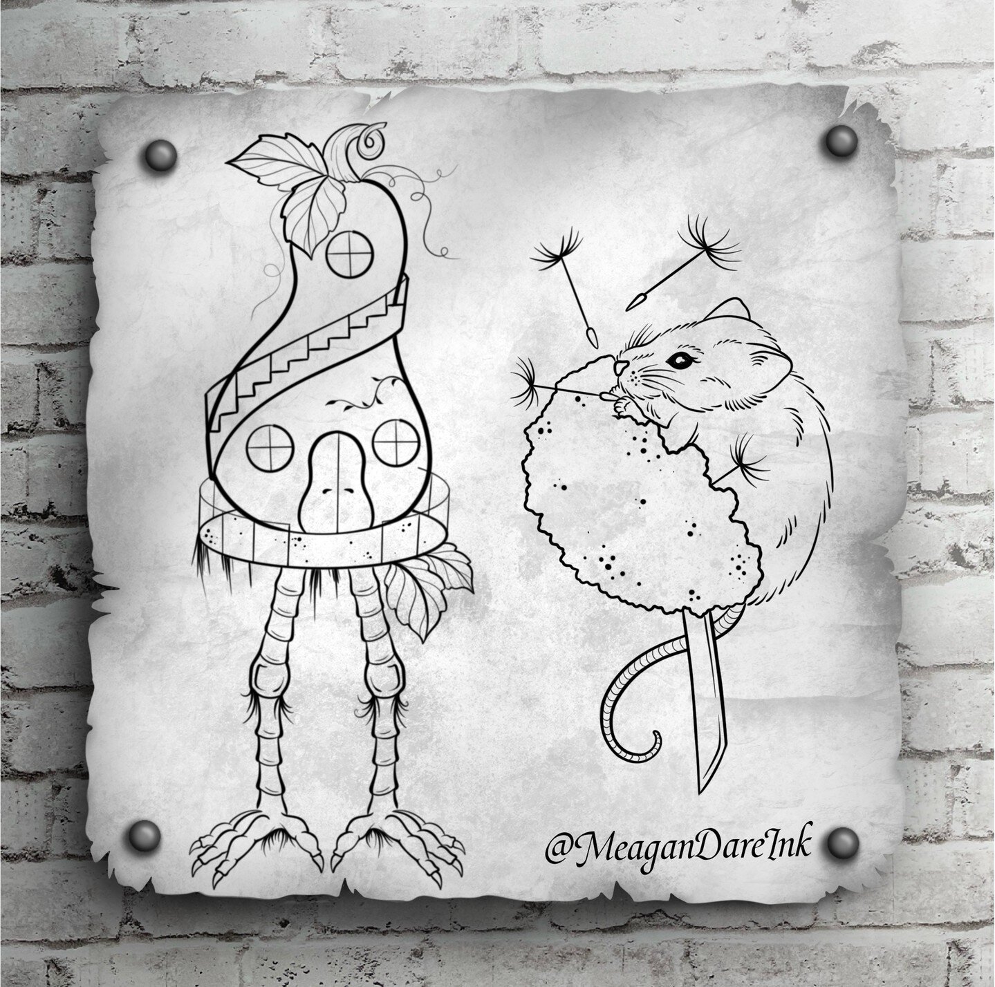 ✨ SQUASH BABA YAGA ✨
Drew up this cool squash baba yaga hut! It would look great on a lower leg or forearm! It’s available in full color or black and grey! Not to mention this adorable field mouse munching on a dandelion! I would love to this