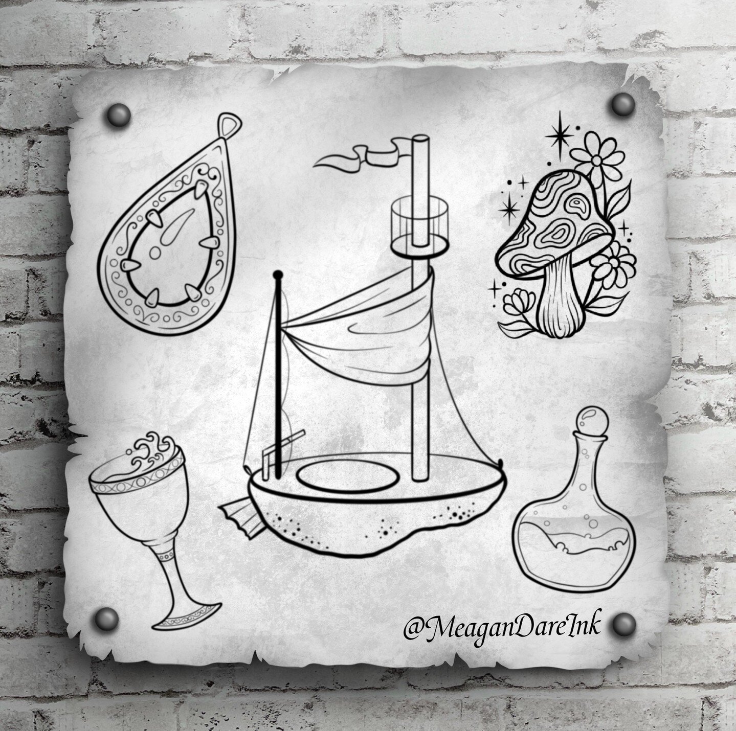 ✨ ADVENTURE ✨ ***Mushroom has been claimed***
I got some more flash up for grabs, they’re available for immediate booking! The avocado boat is my personal favorite, some of these smaller tattoos would be great as gap fillers or for a sticker sl