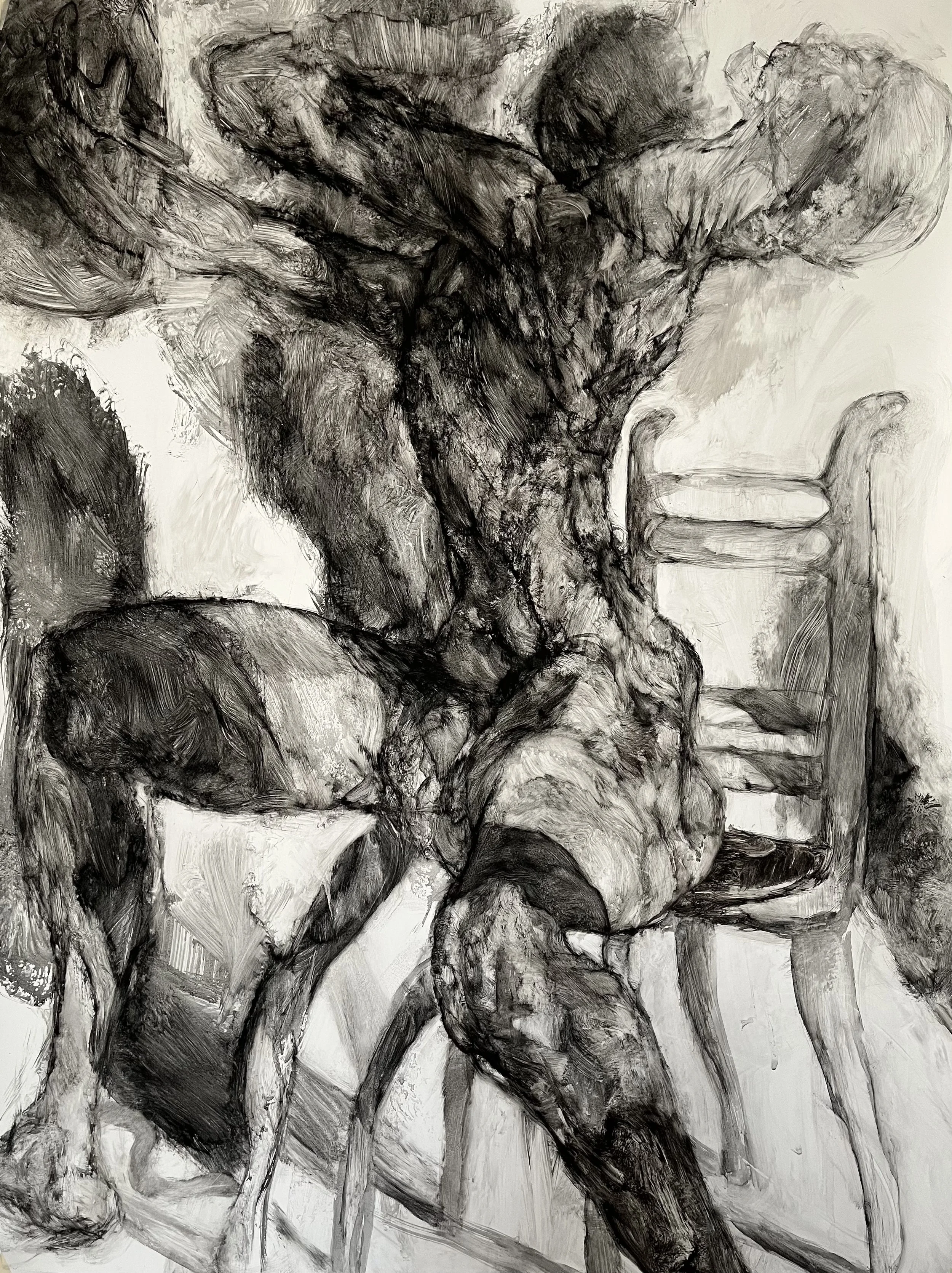Figure with Chair
~ liquid charcoal on synthetic paper ~ 42" x 33" ~ 2025
