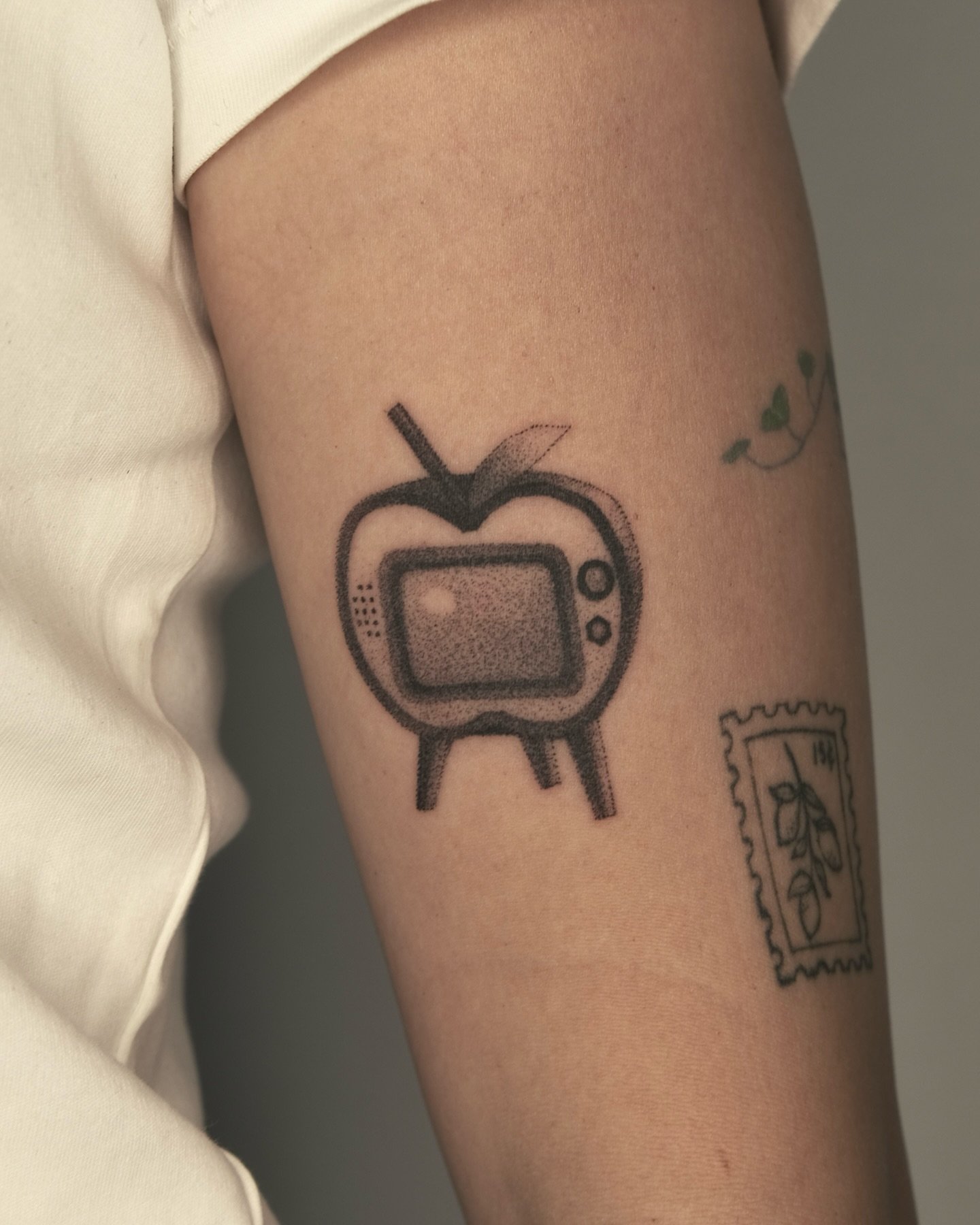 custom low poly apple tv tattoo for julia! 🍎📺 done during my guest spot in melbourne in february, i&rsquo;ll be back in october probably !!

books open for july ☺️🫶

ᯓ★

licence no: 108952
done at @t.o.m.o.d.a.c.h.i.tt

#animalcrossingtattoo #lowp