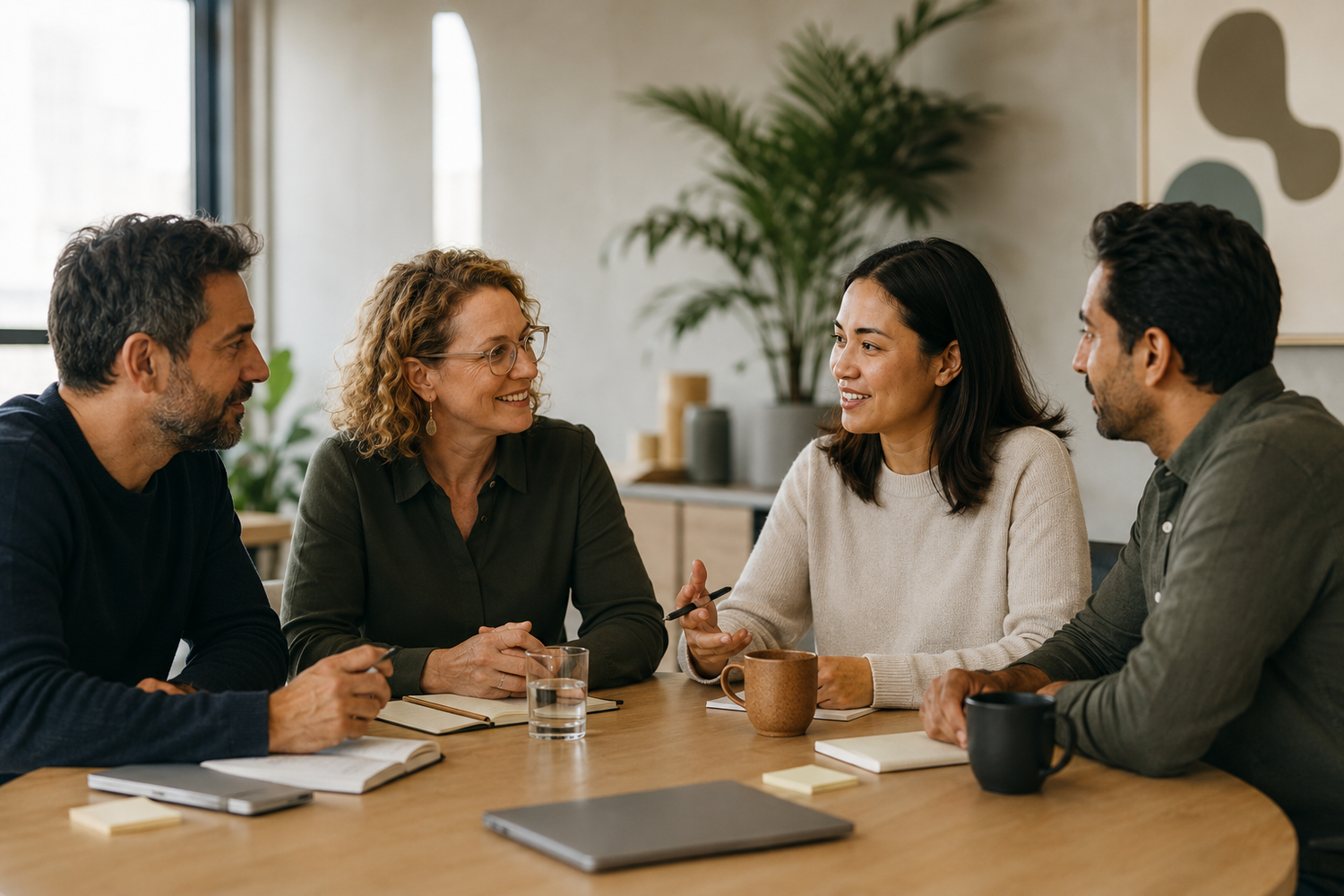 Four colleagues in an open, engaged conversation about organisational culture.