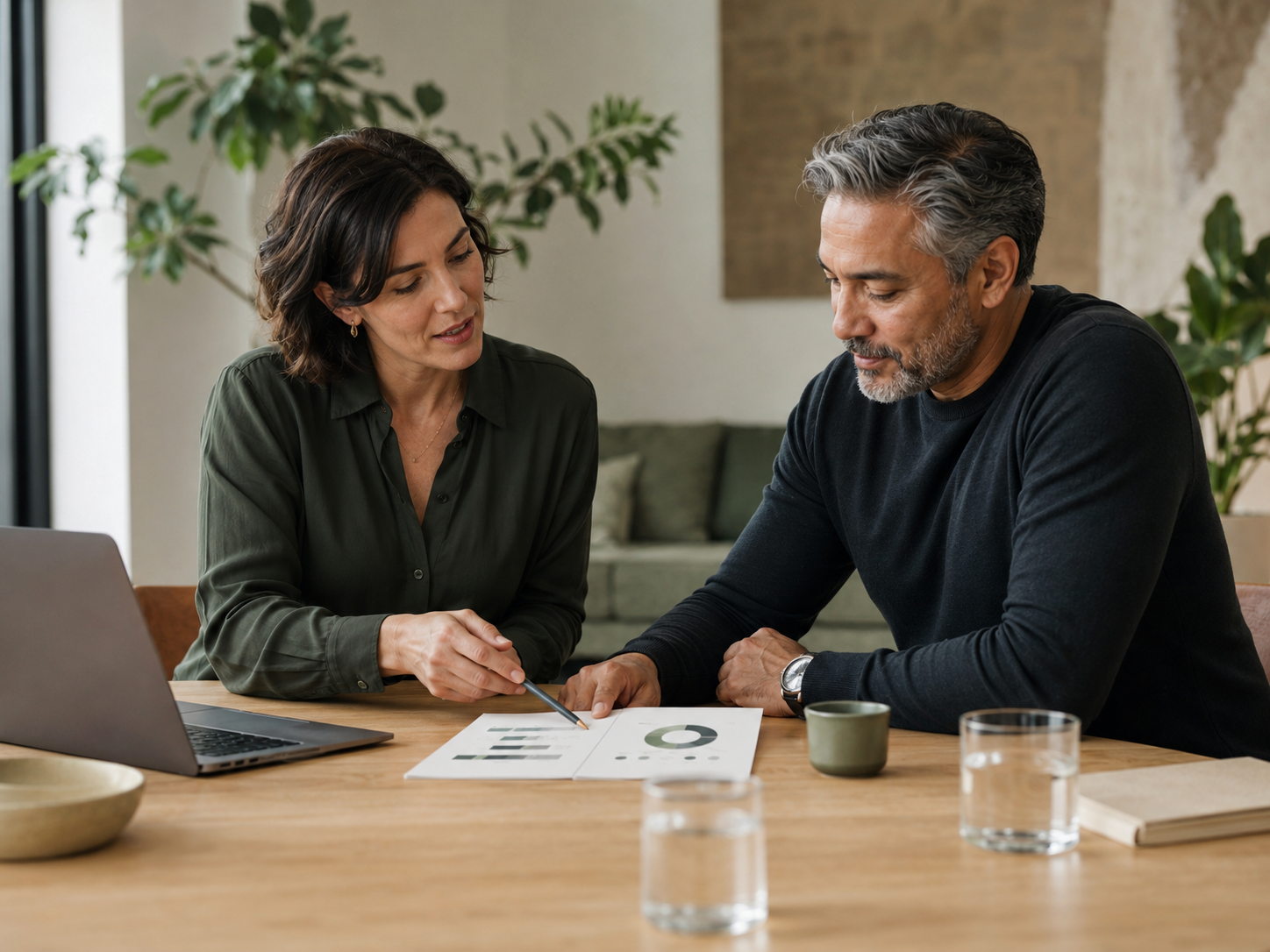 An organisational psychologist and a professional reviewing an assessment report together.