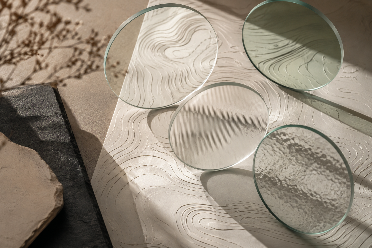 Optical glass lenses revealing different details in a topographic pattern.