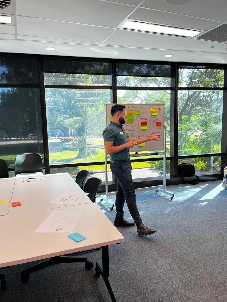 Khoder Hammoud facilitating a leadership and team workshop beside a whiteboard.