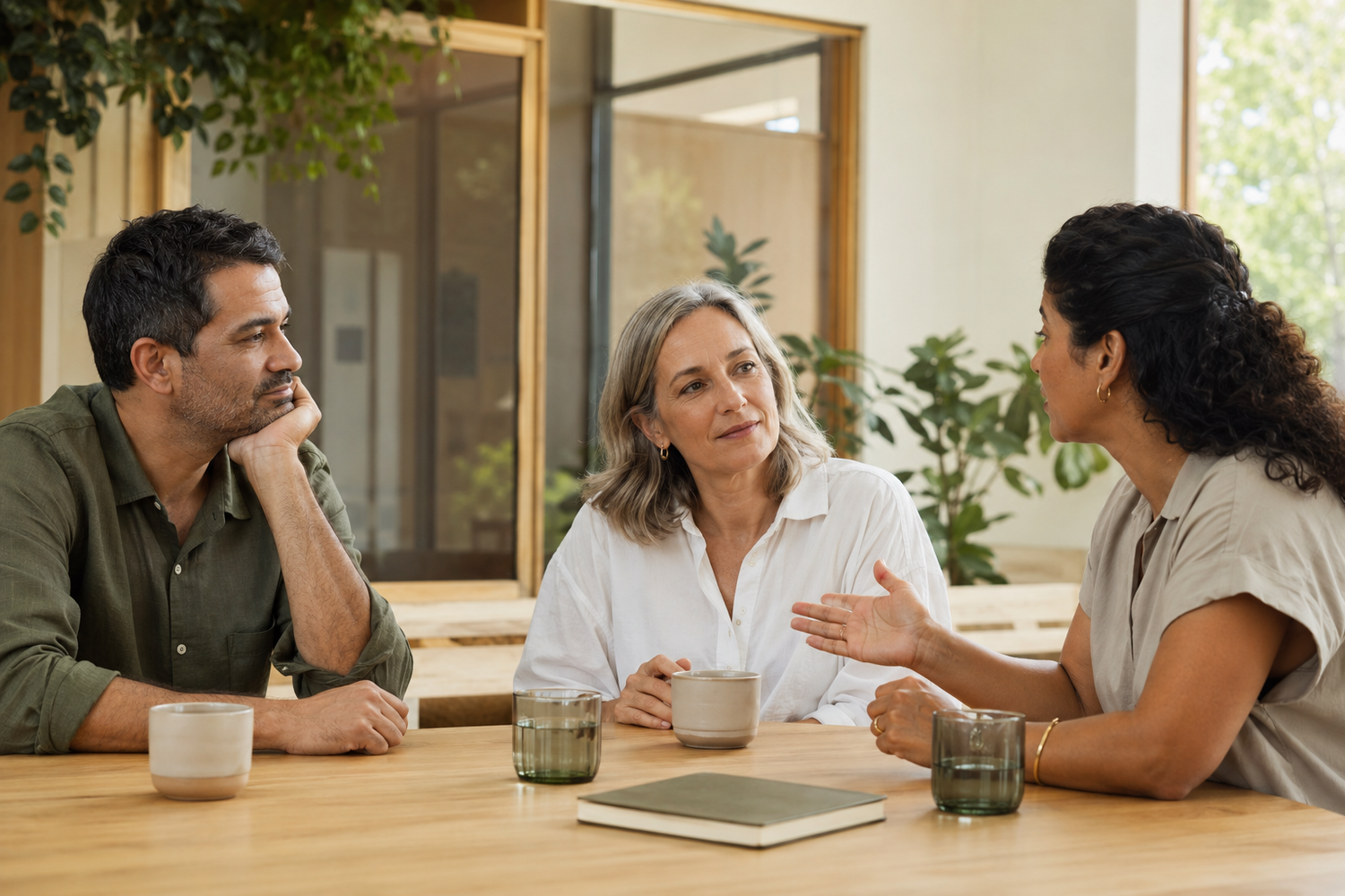 Three leaders in a thoughtful development conversation in a warm contemporary workplace.
