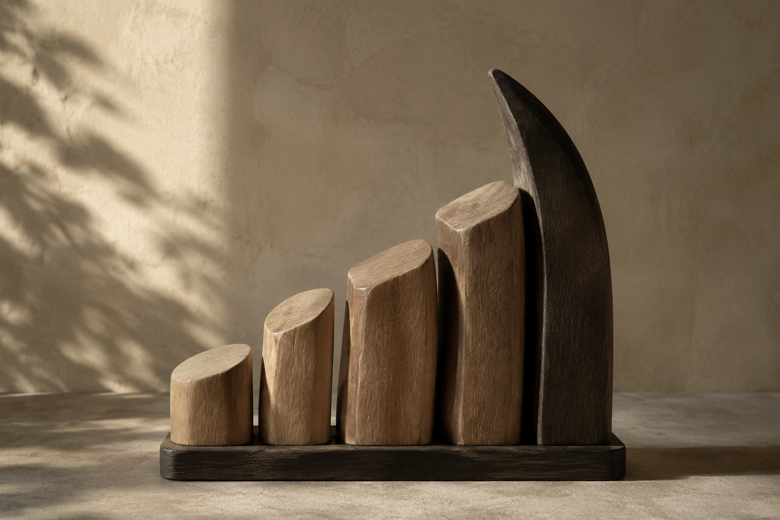 Ascending timber forms representing purposeful leadership development.