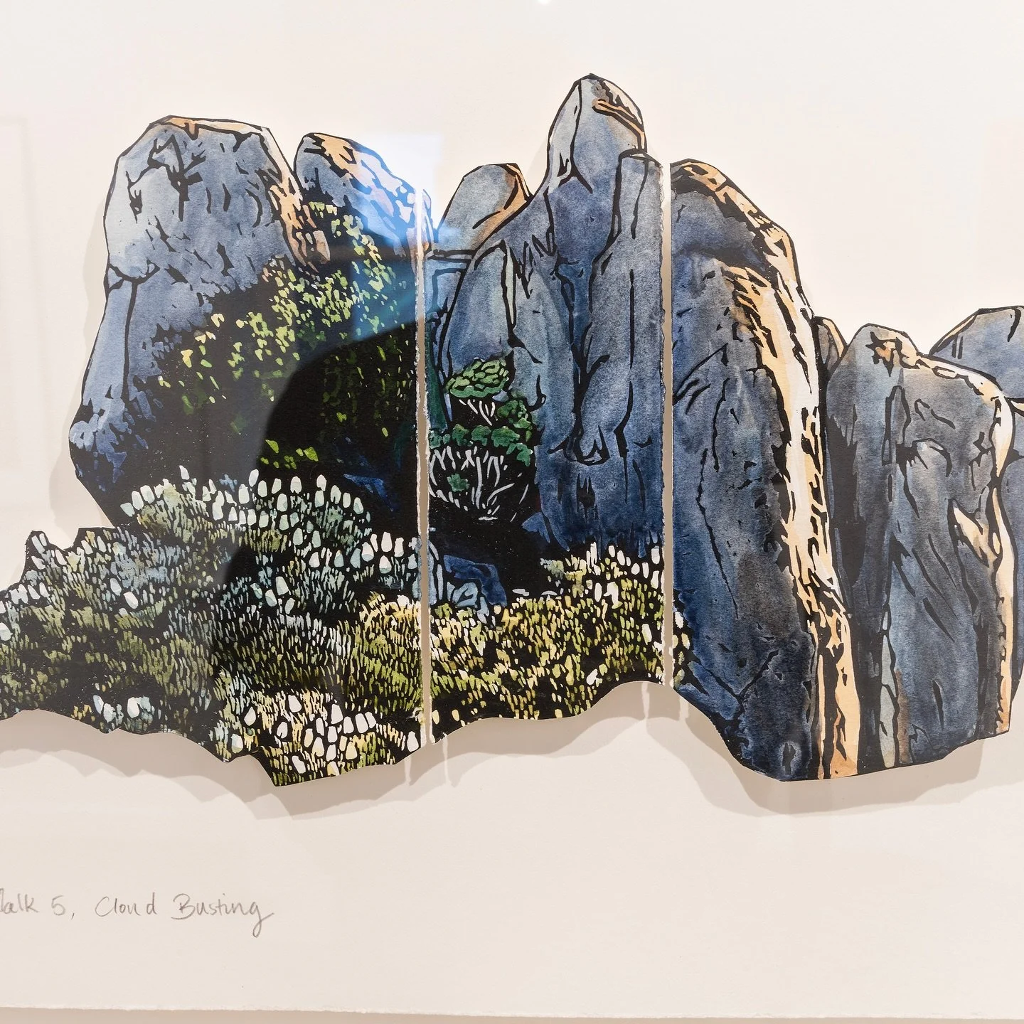 Grace Gladdish one off collage works tell a story, in her words,

&lsquo; I explore Tasmania&rsquo;s wild alpine landscapes through relief printing and hand paint all my linocuts with watercolour, creating hybrids that straddle the disciplines of bot