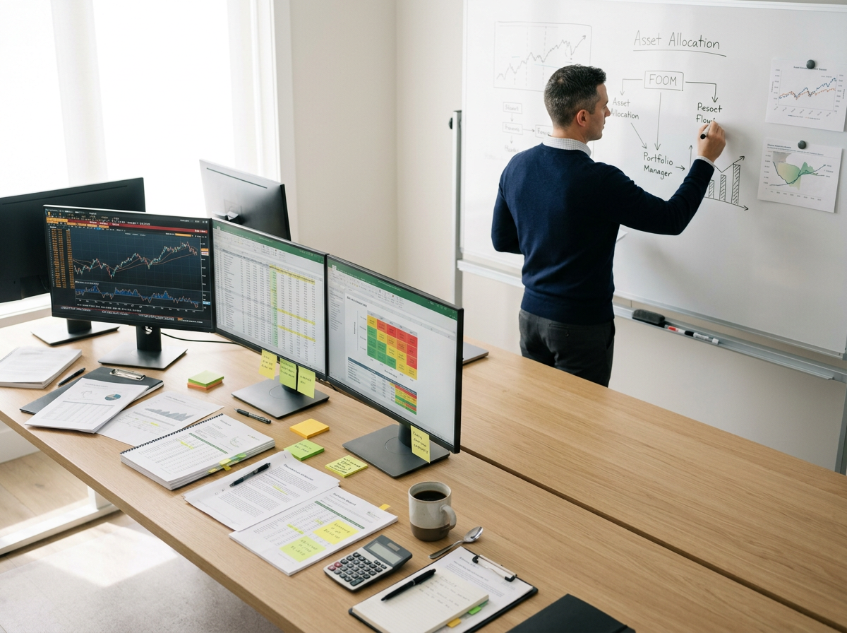 A man standing at a whiteboard presenting charts and diagrams, with three computer monitors on a desk displaying stock market data, graphs, and spreadsheets, in an office with sunlight.