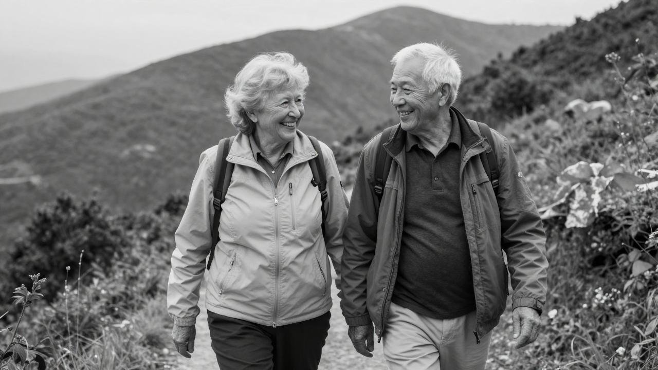 An elderly couple walking on a trail in a scenic outdoor area with hills in the background, smiling and enjoying each other's company.