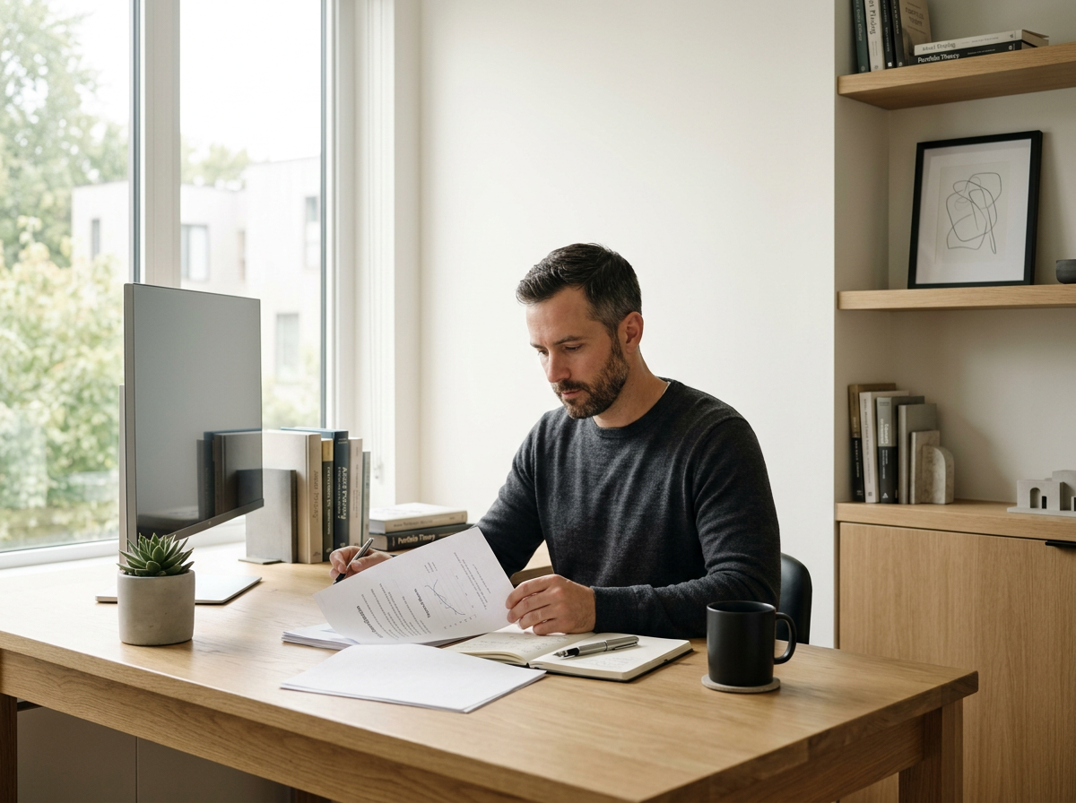 A man sitting at a wooden desk, reading papers, with a computer monitor, a potted plant, books, a notebook, and a coffee mug in a bright room with large windows and bookshelf.