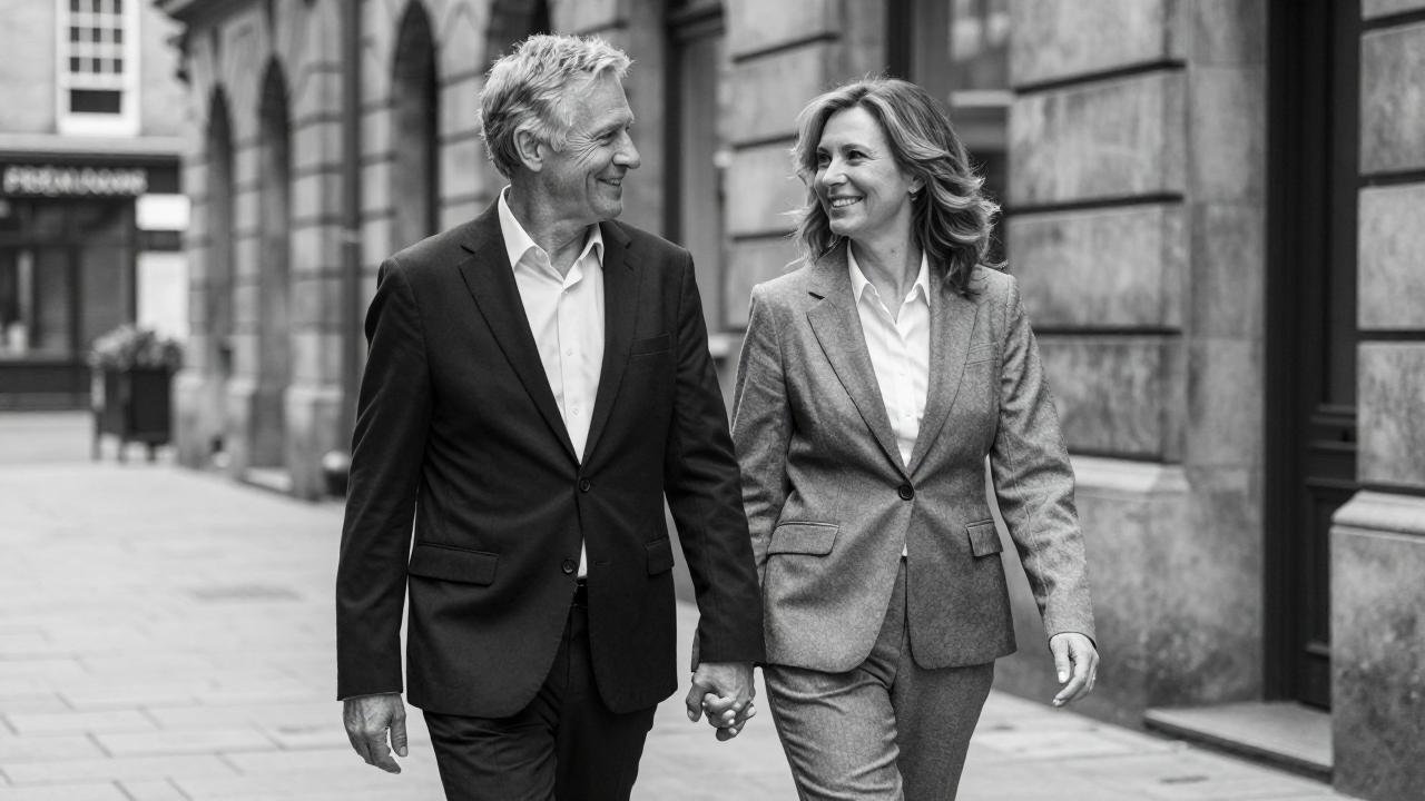 A man and woman in business attire walking hand in hand on a city sidewalk, smiling at each other.