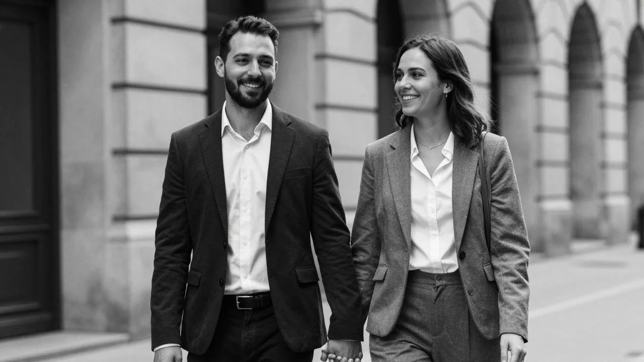 A man and woman in business attire walking hand in hand and smiling outside a building with arched windows.