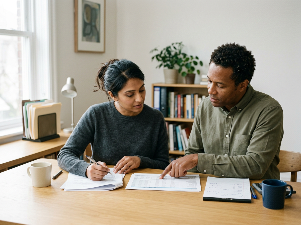 A man and a woman sit at a wooden table, reviewing documents and discussing something. The woman holds a pen, and the man points at a chart or spreadsheet. The table has a coffee mug and some papers. They are in a well-lit room with a bookshelf and a potted plant in the background.