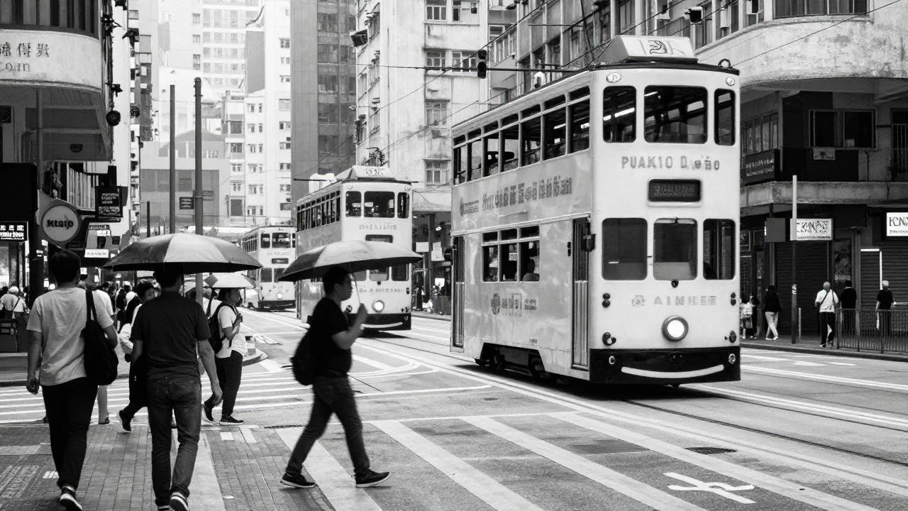 Black and white street scene with pedestrians crossing at a crosswalk, some holding umbrellas, and two double-decker trams on the tracks in an urban area with tall buildings.