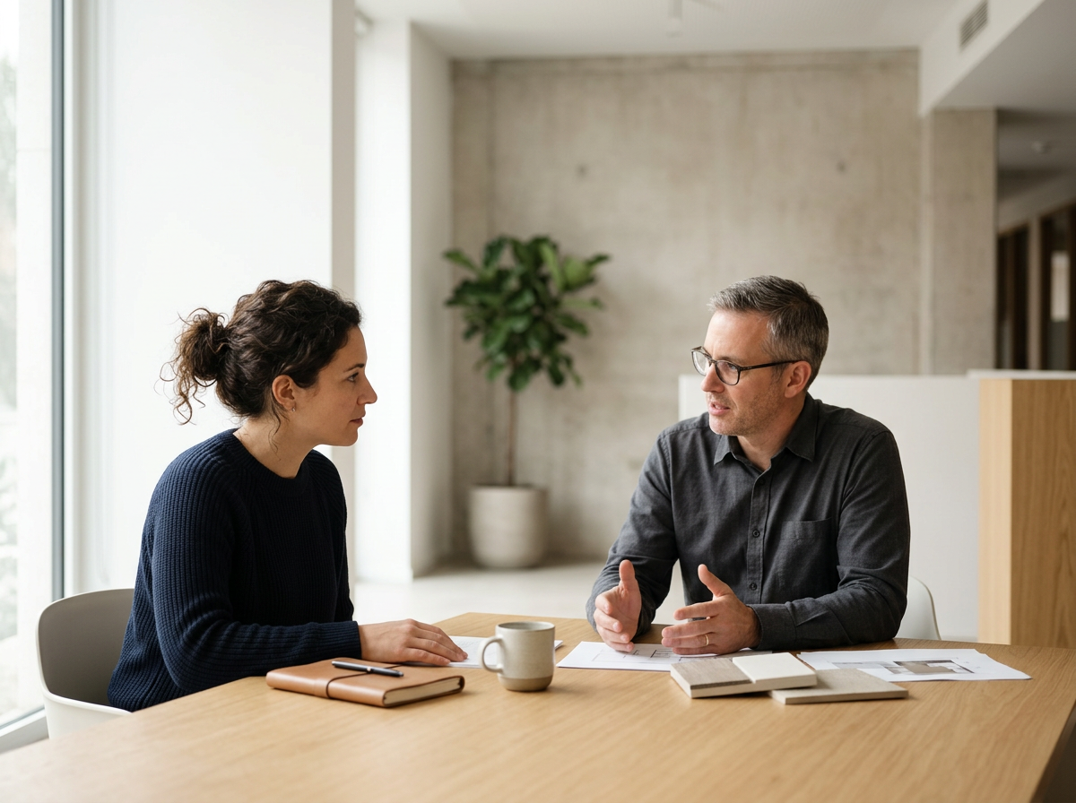 A woman and a man having a discussion at a table in a modern office or meeting space.