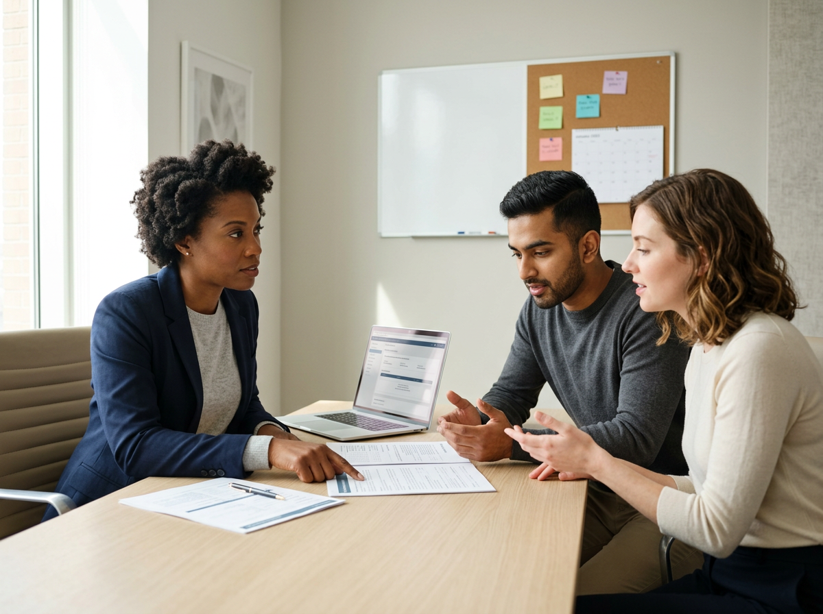 Three people in a business meeting at a conference table with a laptop, papers, and a pen. Two of them are speaking and gesturing, while the third listens.
