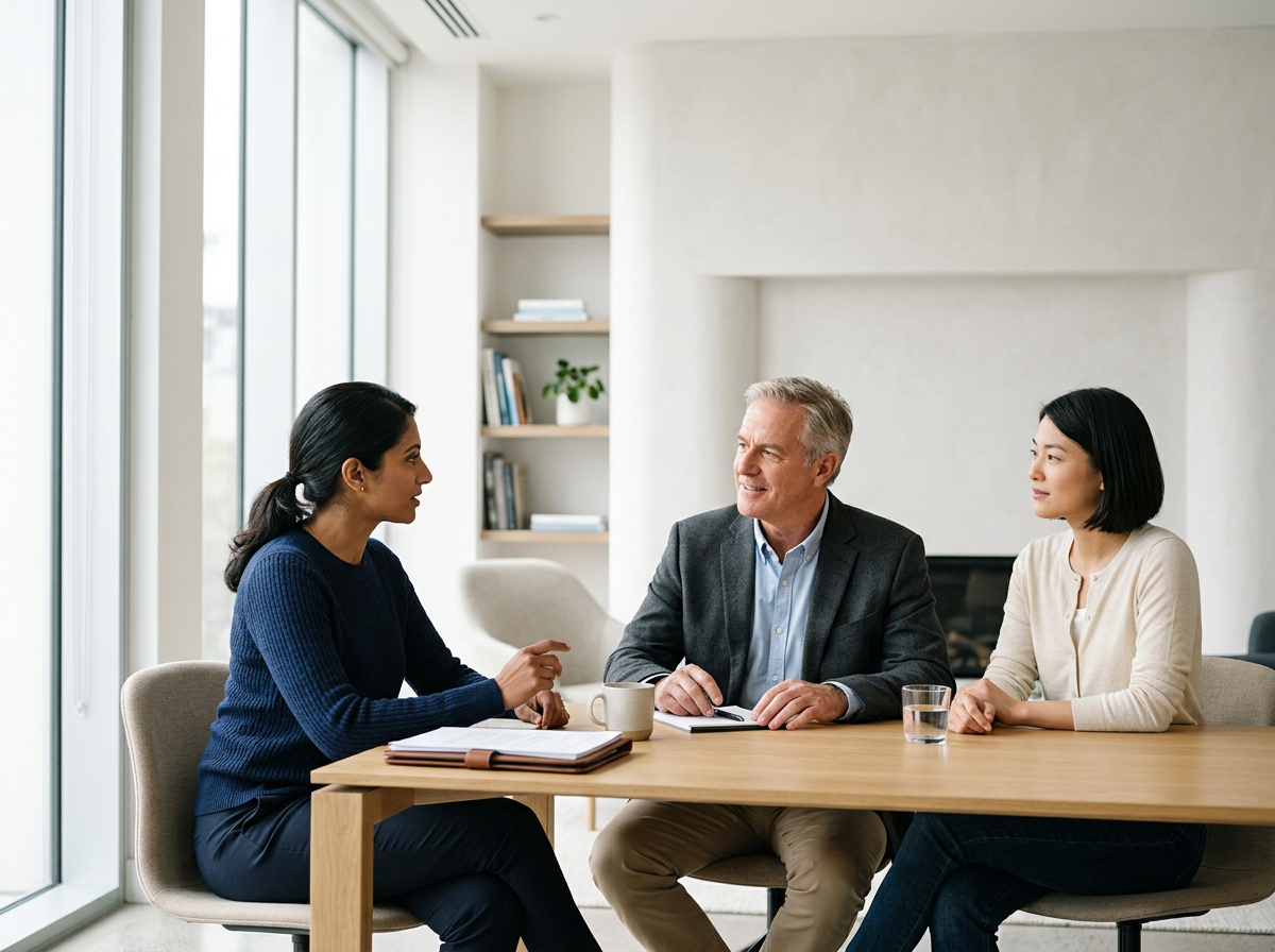 Three people engaged in a discussion at a meeting or interview in a modern, well-lit office or conference room.