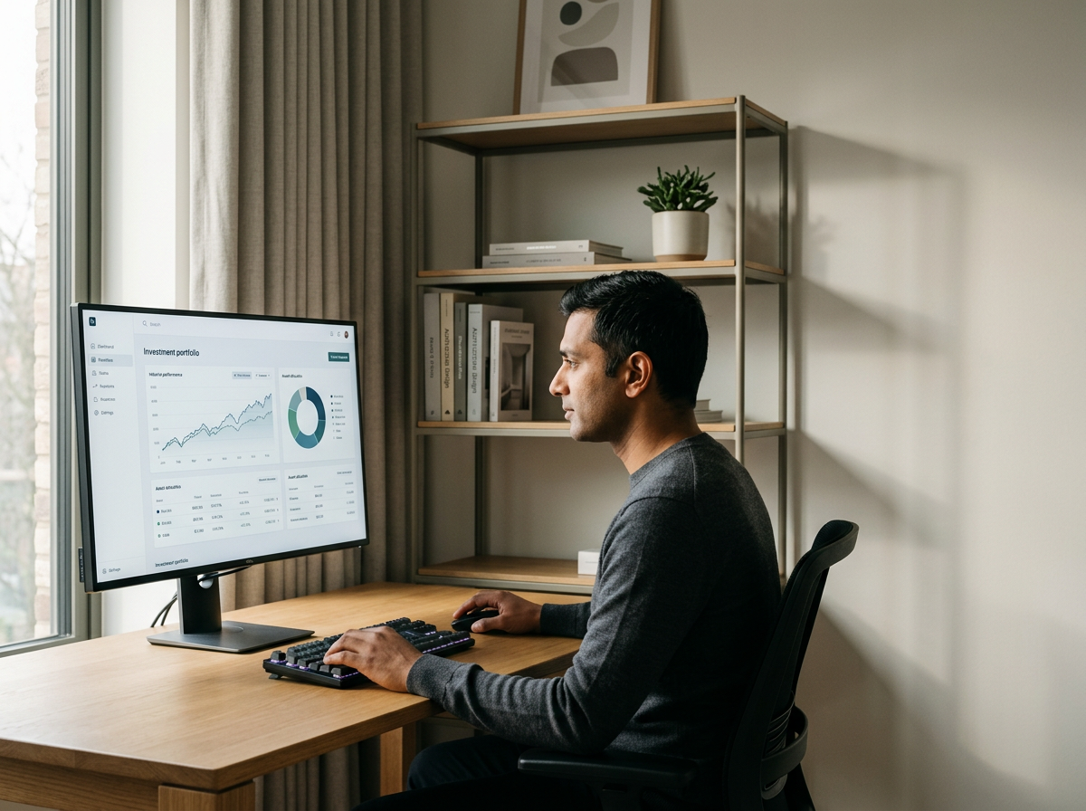 Man working on investment portfolio data displayed on a computer monitor in a home office.