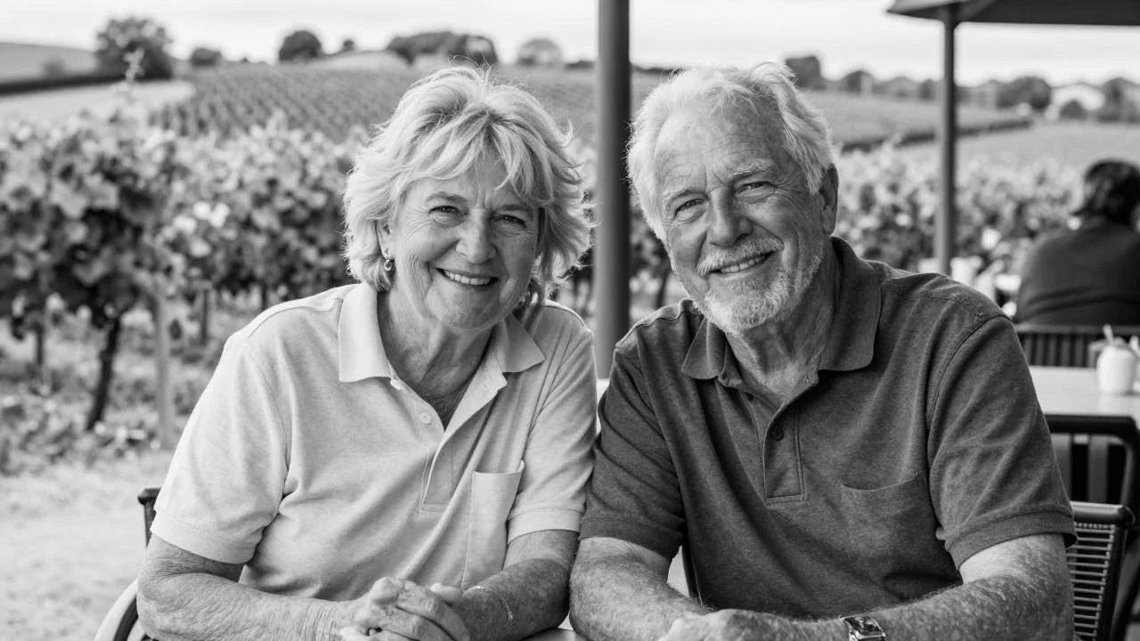 An elderly couple smiling at a vineyard