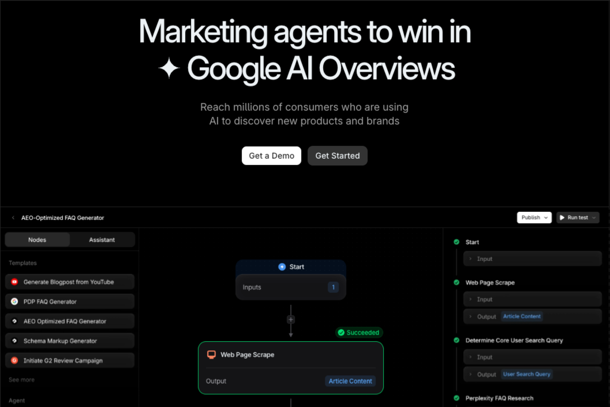 A screenshot of Profound's website homepage, showing a marketing workflow built on AI agents.