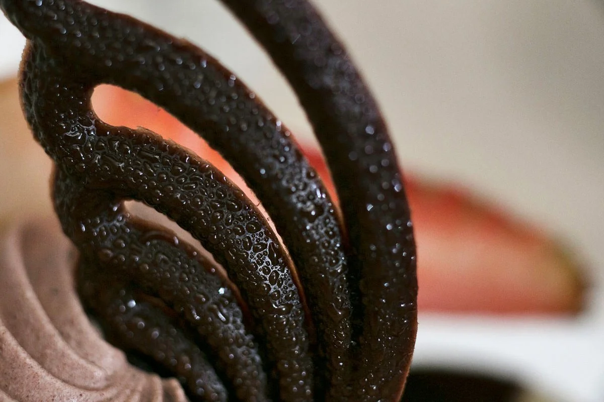 A close-up photo of a chocolate decoration.