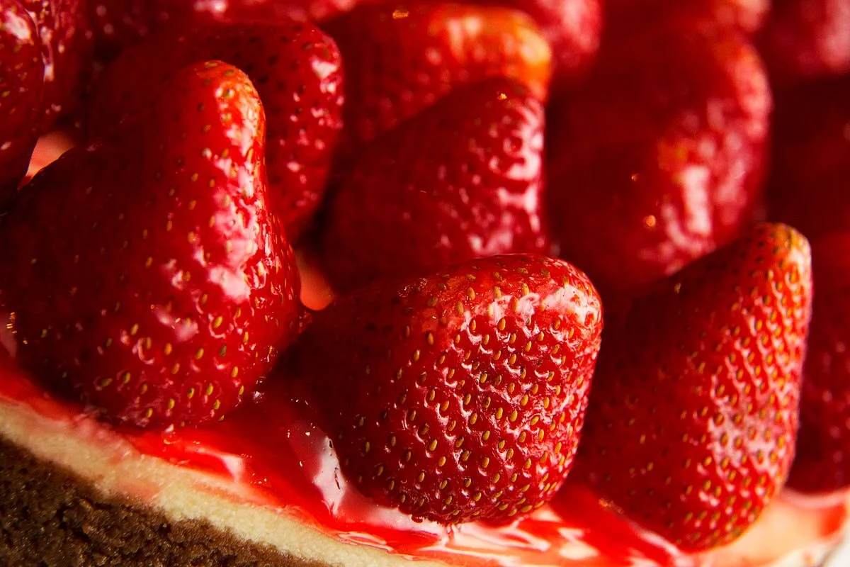 A close-up photo of a strawberry cake.