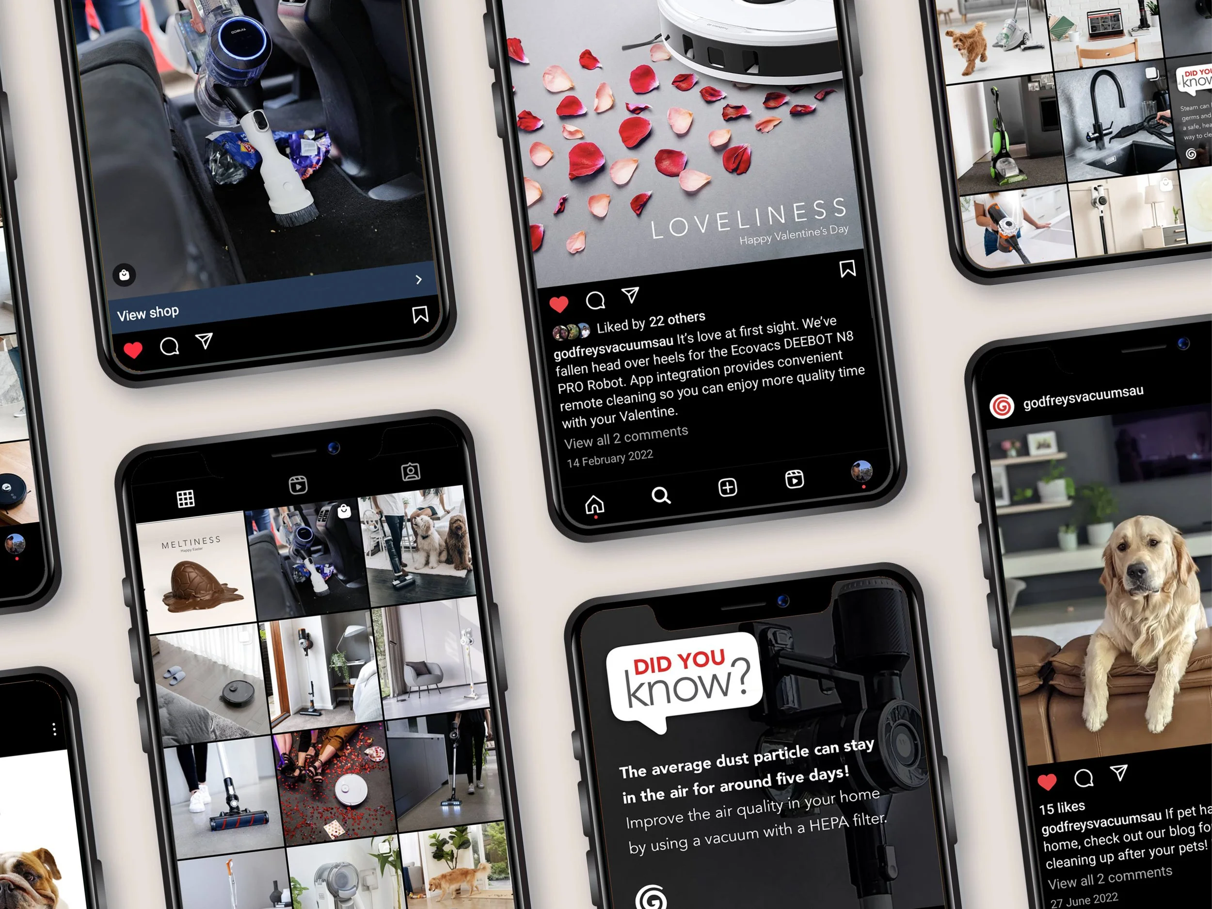 Range of social media posts on multiple phone screens